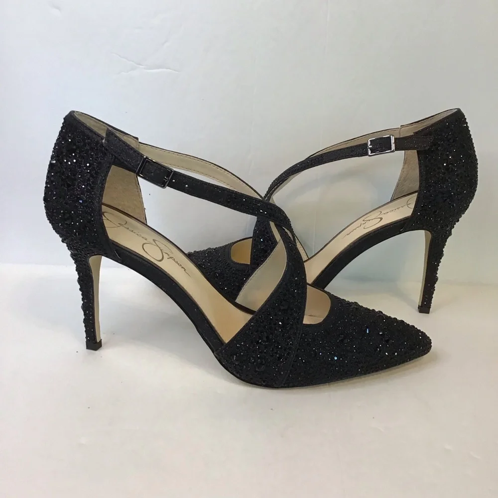 JESSICA SIMPSON Women's ACCILE Black Rhinestone Sparkle Stiletto Heels 8.5 NEW